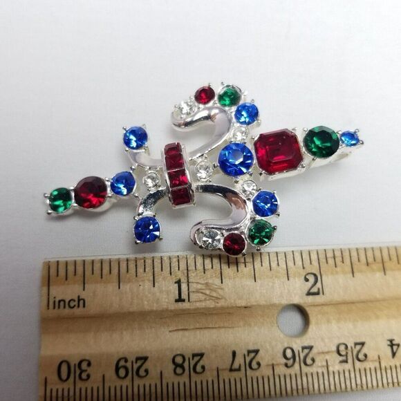 Vintage Trifari TM 1997 Fleur De Lis Red Blue Green Rhinestones Brooch Pendant - Picture 5 of 7